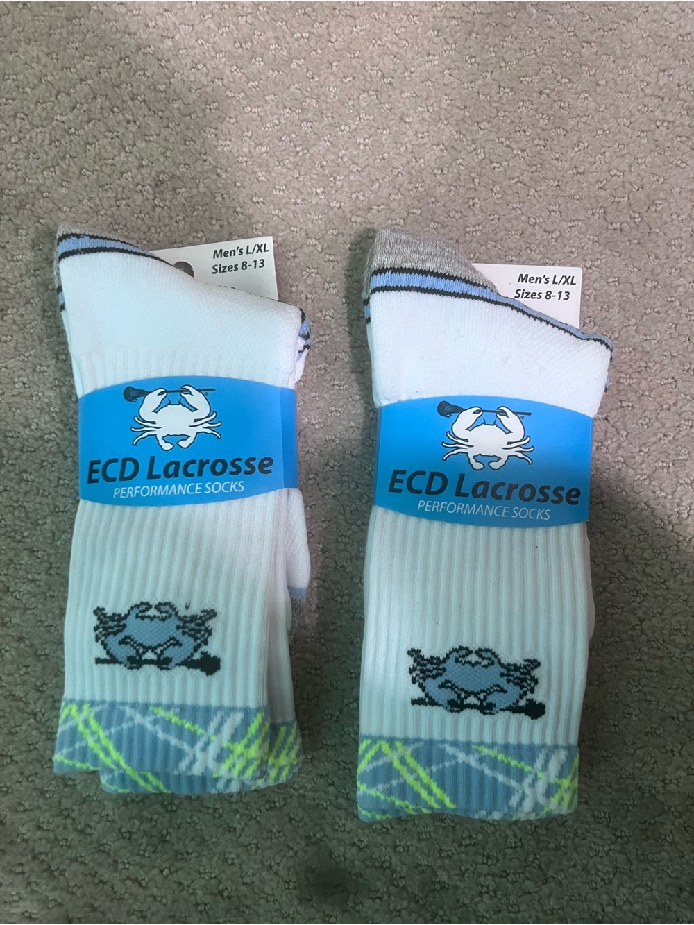 LaCrosse White Performance Athletic Crew Socks with Gray and Neon Yellow Accents